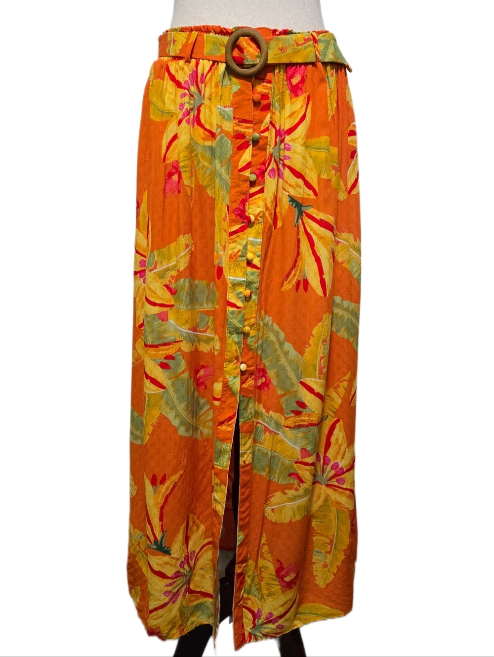 Haute Hippie Style Tropical Floral Maxi Skirt Orange Button Front XS Boho